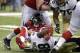 Sep 8, 2013; New Orleans, LA, USA; Atlanta Falcons quarterback Matt Ryan (2) gets sacked for a loss by New Orleans Saints linebacker Parys Haralson (98) during the third quarter at the Mercedes-Benz Superdome. Mandatory Credit: John David Mercer-USA TODAY Sports