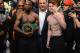 LAS VEGAS, NV - SEPTEMBER 13: CEO of Mayweather Promotions Leonard Ellerbe (L) and Golden Boy Promotions CEO Richard Schaefer (3rd L) look on as boxers Floyd Mayweather Jr. (2nd L) and Canelo Alvarez (R) pose during the official weigh-in for their bout at the MGM Grand Garden Arena on September 13, 2013 in Las Vegas, Nevada. The fighters will meet in a WBC/WBA 154-pound title fight on September 14 in Las Vegas. (Photo by Ethan Miller/Getty Images)