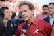 Sep 14, 2013; College Station, TX, USA; Alabama Crimson Tide head coach Nick Saban gives an interview against the Texas A&M Aggies after the game at Kyle Field. Alabama Crimson Tide beat the Texas A&M Aggies 49-42. Mandatory Credit: Thomas Campbell-USA TODAY Sports