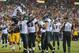 Sep 9, 2013; Landover, MD, USA; Philadelphia Eagles quarterback Michael Vick (7) is congratulated by a leaping Philadelphia Eagles wide receiver DeSean Jackson (10) after scoring a touchdown during the first half against the Washington Redskins at FedEX Field. Mandatory Credit: Brad Mills-USA TODAY Sports