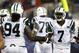Sep 12, 2013; Foxborough, MA, USA; New York Jets quarterback Geno Smith (7) celebrates a touchdown with nose tackle Damon Harrison (94) during the second half of a game against the New England Patriots at Gillette Stadium. Mandatory Credit: Mark L. Baer-USA TODAY Sports