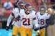 Aug 29, 2013; Honolulu, HI, USA; Southern California Trojans safety Su'a Cravens (21) celebrates after an interception in the first quarter against the Hawaii Rainbow Warriors at Aloha Stadium. Mandatory Credit: Kirby Lee-USA TODAY Sports