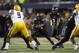 Aug 31, 2013; Arlington, TX, USA; TCU Horned Frogs running back B.J. Catalon (23) runs with the ball after taking the handoff from quarterback Trevone Boykin (2) in the third quarter of the game at AT&T Stadium. LSU Tigers beat TCU Horned Frogs 37-27. Mandatory Credit: Tim Heitman-USA TODAY Sports