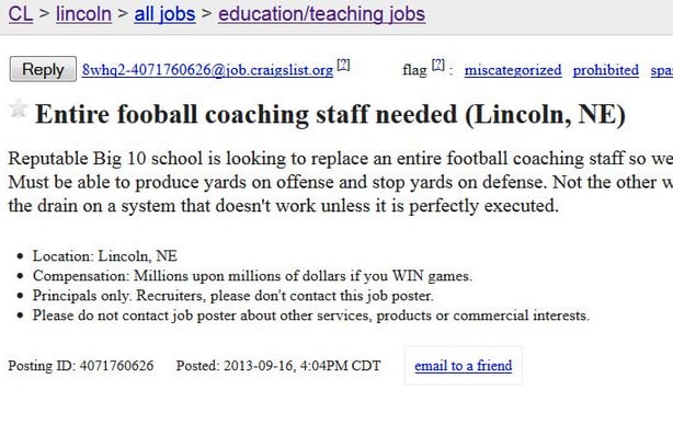 Nebraska Fan Posts 'Help Wanted' Ad on Craigslist