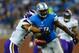 Sep 8, 2013; Detroit, MI, USA; Detroit Lions tight end Brandon Pettigrew (87) has the ball knocked away by a Minnesota Vikings defender in the second quarter at Ford Field. Mandatory Credit: Andrew Weber-USA TODAY Sports