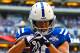 Sep 15, 2013; Indianapolis, IN, USA; Indianapolis Colts tight end Coby Fleener (80) catches a pass for a touchdown during the second quarter against the Miami Dolphins at Lucas Oil Stadium. Mandatory Credit: Andrew Weber-USA TODAY Sports
