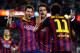 BARCELONA, SPAIN - SEPTEMBER 14: Lionel Messi (L) of FC Barcelona celebrates with his team-mates, Cesc Fabregas (C) and Neymar after scoring his team's second goal during the La Liga match between FC Barcelona and Sevilla FC at Camp Nou on September 14, 2013 in Barcelona, Spain. (Photo by David Ramos/Getty Images)