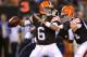 Aug 8, 2013; Cleveland, OH, USA; Cleveland Browns quarterback Brian Hoyer (6) throws against the St. Louis Rams during the fourth quarter at FirstEnergy Field. Mandatory Credit: Ron Schwane-USA TODAY Sports