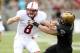 Sep 14, 2013; West Point, NY, USA; Stanford Cardinal quarterback Kevin Hogan (8) fumbles the ball as he's dragged down by Army Black Knights linebacker Dalton Mendenhall (7) during the first half at Michie Stadium. Mandatory Credit: Danny Wild-USA TODAY Sports