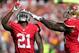 Sep 8, 2013; San Francisco, CA, USA; San Francisco 49ers running back Frank Gore (21) celebrates after scoring a touchdown against the Green Bay Packers during the fourth quarter at Candlestick Park. The San Francisco 49ers defeated the Green Bay Packers 34-28. Mandatory Credit: Kelley L Cox-USA TODAY Sports