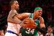 Apr 20, 2013; New York, NY, USA; Boston Celtics small forward Paul Pierce (34) and New York Knicks shooting guard J.R. Smith (8) battle for the ball during game one of the first round of the 2013 NBA playoffs at Madison Square Garden. Mandatory Credit: Debby Wong-USA TODAY Sports