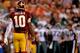 LANDOVER, MD - SEPTEMBER 09: Quarterback Robert Griffin III #10 of the Washington Redskins looks on after throwing an interception against the Philadelphia Eagles in the third quarter at FedExField on September 9, 2013 in Landover, Maryland. The Philadelphia Eagles won, 33-27. (Photo by Patrick Smith/Getty Images)