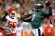 PHILADELPHIA, PA - SEPTEMBER 19: Michael Vick #7 of the Philadelphia Eagles is pressured by Justin Houston #50 of the Kansas City Chiefs on September 19, 2013 at Lincoln Financial Field in Philadelphia, Pennslyvania. The Kansas City Chiefs defeated the Philadelphia Eagles 26-16. (Photo by Elsa/Getty Images)