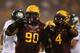 TEMPE, AZ - SEPTEMBER 05: Defensive tackle Will Sutton #90 and safety Alden Darby #4 of the Arizona State Sun Devils celebrate after a defensive stop against the Sacramento State Hornets during the first quarter of the college football game at Sun Devil Stadium on September 5, 2013 in Tempe, Arizona. (Photo by Christian Petersen/Getty Images)