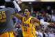 April 03, 2012; Indianapolis, IN, USA; Indiana Pacers small forward Danny Granger (33) high fives center Roy Hibbert (55) late in the game against the New York Knicks at Bankers Life Fieldhouse. Indiana defeated New York 112-104. Mandatory credit: Michael Hickey-USA TODAY Sports