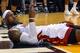 Jun 20, 2013; Miami, FL, USA; Miami Heat small forward LeBron James (6) reacts after falling during the second quarter of game seven in the 2013 NBA Finals against the San Antonio Spurs at American Airlines Arena. Mandatory Credit: Steve Mitchell-USA TODAY Sports