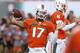 MIAMI GARDENS, FL - SEPTEMBER 21: Stephen Morris #17 of the Miami Hurricanes throws the ball prior to the game against the Savannah State Tigers on September 21, 2013 at Sun Life Stadium in Miami Gardens, Florida. (Photo by Joel Auerbach/Getty Images)
