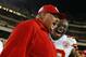PHILADELPHIA, PA - SEPTEMBER 19: Head coach Andy Reid of the Kansas City Chiefs reacts to getting a Gatorade shower with linebacker Justin Houston #50 after defeating the Philadelphia Eagles 26-16 during a game at Lincoln Financial Field on September 19, 2013 in Philadelphia, Pennsylvania. (Photo by Rich Schultz /Getty Images)
