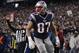 Nov 18, 2012; Foxborough, MA, USA; New England Patriots tight end Rob Gronkowski (87) reacts after his touchdown against the Indianapolis Colts during the first quarter at Gillette Stadium. The Patriots defeated the Indianapolis Colts 59-24. Mandatory Credit: David Butler II-USA TODAY Sports