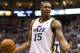Jan 26, 2013; Salt Lake City, UT, USA; Utah Jazz power forward Derrick Favors (15) reacts to a call during the first half against the Indiana Pacers at EnergySolutions Arena. Mandatory Credit: Russ Isabella-USA TODAY Sports