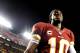 LANDOVER, MD - SEPTEMBER 09: Quarterback Robert Griffin III #10 of the Washington Redskins walks off the field after losing to the Philadelphia Eagles at FedExField on September 9, 2013 in Landover, Maryland. The Philadelphia Eagles won, 33-27. (Photo by Patrick Smith/Getty Images)