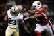 NEW ORLEANS, LA - SEPTEMBER 22: Khiry Robinson #29 of the New Orleans Saints is tackled by Jasper Brinkley #52 of the Arizona Cardinals at the Mercedes-Benz Superdome on September 22, 2013 in New Orleans, Louisiana. (Photo by Chris Graythen/Getty Images)
