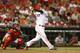 CINCINNATI, OH - SEPTEMBER 05: Shin-Soo Choo #17 of the Cincinnati Reds hits a home run in the 4th inning during the game against the St. Louis Cardinals at Great American Ball Park on September 5, 2013 in Cincinnati, Ohio. (Photo by Andy Lyons/Getty Images)