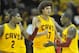 Oct 30, 2012; Cleveland, OH, USA; Cleveland Cavaliers point guard Kyrie Irving (2), center Anderson Varejao (17) and shooting guard Dion Waiters (3) celebrate in the fourth quarter against the Washington Wizards at Quicken Loans Arena. Mandatory Credit: David Richard-USA TODAY Sports