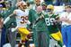 Sep 15, 2013; Green Bay, WI, USA; Green Bay Packers wide receiver James Jones runs away from Washington Redskins cornerback David Amerson after catching a pass in the first quarter at Lambeau Field. Mandatory Credit: Benny Sieu-USA TODAY Sports