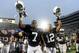 Sep 21, 2013; University Park, PA, USA; Penn State Nittany Lions linebacker Stephen Obeng-Agyapong (7) and cornerback Jordan Smith (12) celebrate after beating the Kent State Golden Flashes 34-0 at Beaver Stadium. Mandatory Credit: Evan Habeeb-USA TODAY Sports