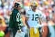 Sep 22, 2013; Cincinnati, OH, USA; Green Bay Packers head coach Mike McCarthy talks with quarterback Aaron Rodgers (12) during the second quarter against the Cincinnati Bengals at Paul Brown Stadium. Mandatory Credit: Andrew Weber-USA TODAY Sports