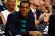 BOSTON, MA - MARCH 29: Rajon Rondo of the Boston Celtics sits on the bench during the game against the Atlanta Hawks on March 29, 2013 at TD Garden in Boston, Massachusetts. NOTE TO USER: User expressly acknowledges and agrees that, by downloading and or using this photograph, User is consenting to the terms and conditions of the Getty Images License Agreement. (Photo by Jared Wickerham/Getty Images)