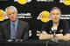 November 15, 2012; El Segundo, CA, USA; Los Angeles Lakers general manager Mitch Kupchak (left) sits next to new head coach Mike D'Antoni during a press conference at the training facility in El Segundo. Mandatory Credit: Jayne Kamin-Oncea-USA TODAY Sports