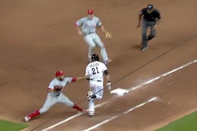 Phillies vs. Marlins Video: Watch Umpire CB Bucknor's Awful Call on Phantom Tag