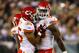PHILADELPHIA, PA - SEPTEMBER 19: Linebacker Justin Houston #50 of the Kansas City Chiefs is hugged by teammate safety Quintin Demps #35 after recovering a fumble by quarterback Michael Vick #7 of the Philadelphia Eagles during the first quarter of a game at Lincoln Financial Field on September 19, 2013 in Philadelphia, Pennsylvania. The Chiefs defeated the Eagles 26-16. (Photo by Rich Schultz /Getty Images)