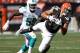 Sep 8, 2013; Cleveland, OH, USA; Cleveland Browns tight end Jordan Cameron (84) makes a catch against Miami Dolphins inside linebacker Dannell Ellerbe (59) during the fourth quarter at FirstEnergy Field. The Dolphins won 23-10. Mandatory Credit: Ron Schwane-USA TODAY Sports