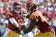 LOS ANGELES, CA - SEPTEMBER 21: Cody Kessler #6 of the USC Trojans hands off to Tre Madden #23 during the second quatrter against the Utah State Aggies at the Los Angeles Memorial Coliseum on September 21, 2013 in Los Angeles, California. (Photo by Harry How/Getty Images)