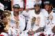 MIAMI, FL - JUNE 20: Dwyane Wade #3, LeBron James #6 and Chris Bosh #1 of the Miami Heat celebrate after defeating the San Antonio Spurs 95-88 to win Game Seven of the 2013 NBA Finals at AmericanAirlines Arena on June 20, 2013 in Miami, Florida. NOTE TO USER: User expressly acknowledges and agrees that, by downloading and or using this photograph, User is consenting to the terms and conditions of the Getty Images License Agreement. (Photo by Kevin C. Cox/Getty Images)