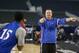 Kansas coach Bill Self, seen here during a practice at the NCAA tournament, was able to start working with his team on Friday. College basketball teams are now allowed to begin practice 42 days before their first game.