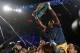 Jun 8, 2013; Montreal, Quebec, Canada; Adonis Stevenson (gold/yellow) celebrates with the belt after knocking out Chad Dawson (not pictured) during the first round of their light heavyweight WBC title bout at the Bell Centre. Mandatory Credit: Eric Bolte-USA TODAY Sports