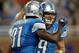 DETROIT, MI - AUGUST 30: Calvin Johnson #81 of the Detroit Lions celebrates a first quarter touchdown with Matthew Stafford #9 while playing the Buffalo Bills during a pre season game at Ford Field on August 30, 2012 in Detroit, Michigan. (Photo by Gregory Shamus/Getty Images)