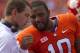 Sep 28, 2013; Clemson, SC, USA; Clemson Tigers head coach Dabo Swinney (left) talks with quarterback Tajh Boyd (10) during the first quarter against the Wake Forest Demon Deacons at Clemson Memorial Stadium. Mandatory Credit: Joshua S. Kelly-USA TODAY Sports