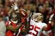ATLANTA, GA - JANUARY 20: Cornerback Tarell Brown #25 of the San Francisco 49ers breaks up a pass to wide receiver Julio Jones #11 of the Atlanta Falcons in the second half in the NFC Championship game at the Georgia Dome on January 20, 2013 in Atlanta, Georgia. (Photo by Kevin C. Cox/Getty Images)