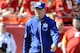 Sep 29, 2013; Kansas City, MO, USA; New York Giants head coach Tom Coughlin watches the team stretch before the game against the Kansas City Chiefs at Arrowhead Stadium. Mandatory Credit: John Rieger-USA TODAY Sports