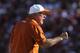 DALLAS - OCTOBER 02: Head coach Mack Brown of the Texas Longhorns yells on the sidelines during play against the Oklahoma Sooners at the Cotton Bowl on October 2, 2010 in Dallas, Texas. (Photo by Ronald Martinez/Getty Images)