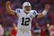 SAN FRANCISCO, CA - SEPTEMBER 22: Andrew Luck #12 of the Indianapolis Colts celebrates after scoring in the fourth quarter against the San Francisco 49ers at Candlestick Park on September 22, 2013 in San Francisco, California. (Photo by Jed Jacobsohn/Getty Images)