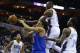 Apr 15, 2013; Charlotte, NC, USA; New York Knicks small forward Chris Copeland (14) is fouled by Charlotte Bobcats power forward Bismack Biyombo (0) during the first half at Time Warner Arena. Mandatory Credit: Curtis Wilson-USA TODAY Sports