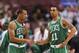 Mar 05, 2013; Philadelphia, PA, USA; Boston Celtics guard Avery Bradley (0) talks with guard Courtney Lee (11) during the third quarter against the Philadelphia 76ers at the Wells Fargo Center. The Celtics defeated the Sixers 109-101. Mandatory Credit: Howard Smith-USA TODAY Sports