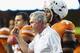 AUSTIN, TX - SEPTEMBER 21: Head coach Mack Brown pumps his fist after a call was overturned during play against the Kansas State Wildcats at Darrell K Royal-Texas Memorial Stadium on September 21, 2013 in Austin, Texas. (Photo by Ronald Martinez/Getty Images)