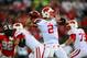Sep 28, 2013; Columbus, OH, USA; Wisconsin Badgers quarterback Joel Stave (2) throws a pass during the third quarter against the Ohio State Buckeyes at Ohio Stadium. Ohio State Buckeyes defeated Wisconsin Badgers 31-24. Mandatory Credit: Andrew Weber-USA TODAY Sports